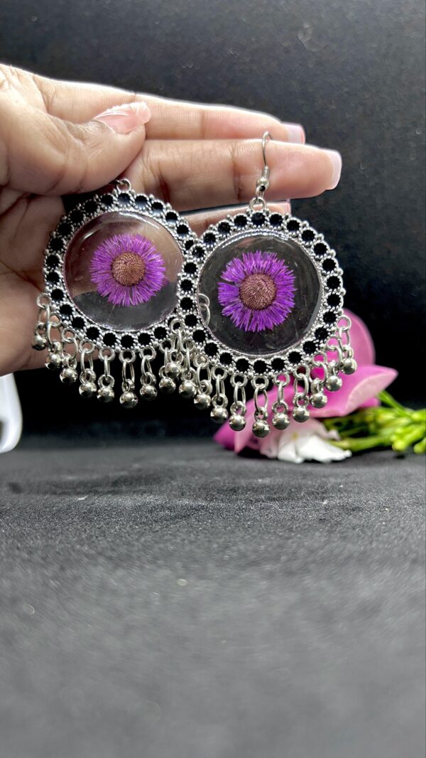 Purple Aster Flower Resin Jhumka earrings - Image 2