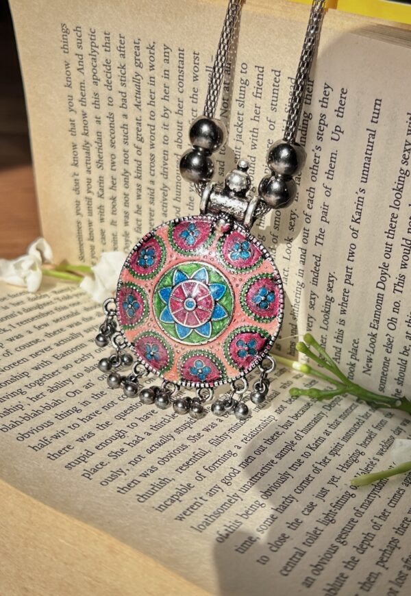 Ethereal Elegance - Hand Painted Engraved Oxidized Brass Necklace |  Resin Coated