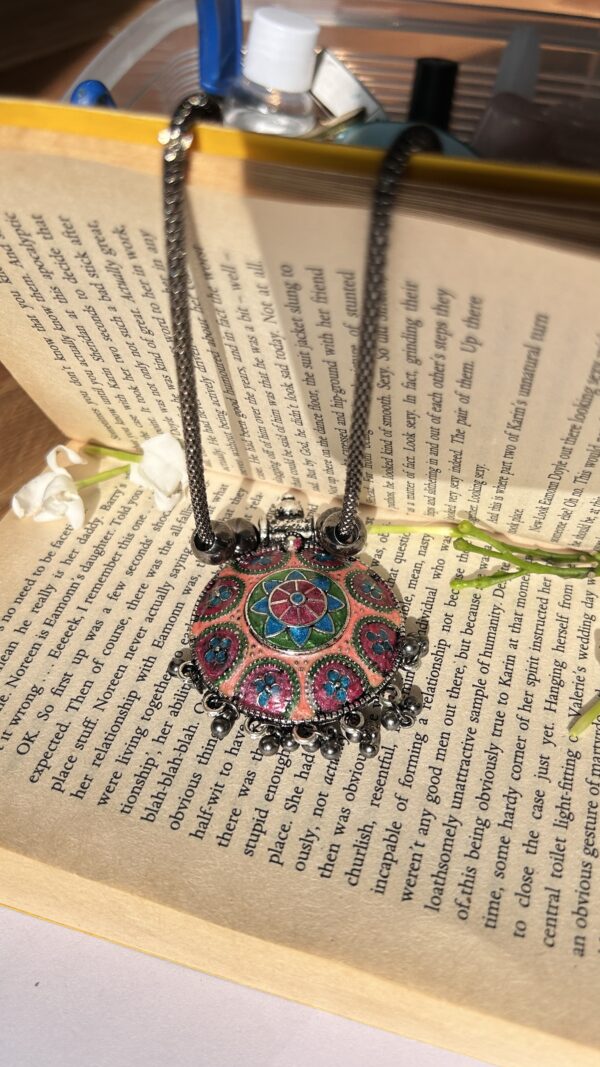 Ethereal Elegance - Hand Painted Engraved Oxidized Brass Necklace |  Resin Coated - Image 2