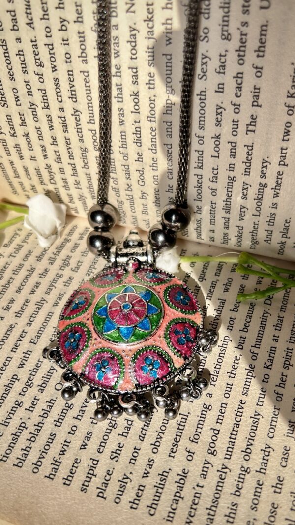 Ethereal Elegance - Hand Painted Engraved Oxidized Brass Necklace |  Resin Coated - Image 3