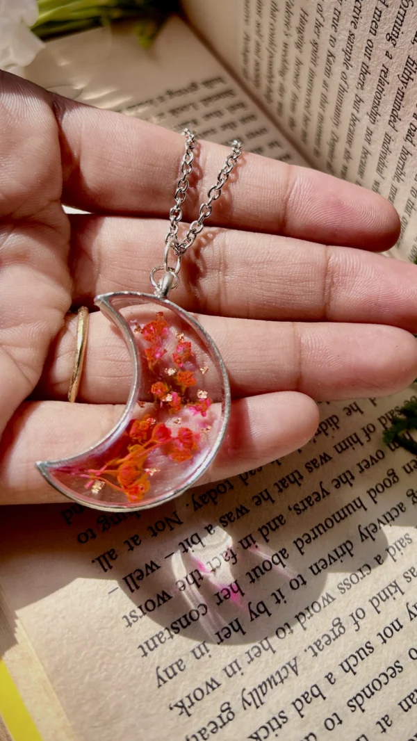 Handcrafted Crescent Moon Resin Pendant with Real Flowers Banafsha  Jewellery