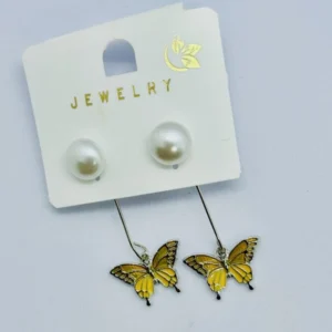 A pair of drop earrings with a small, golden butterfly charm with a delicate yellow enamel finish.