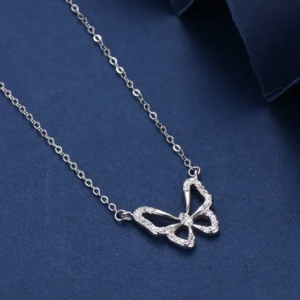 A delicate silver-plated Butterfly AD pendant with a simple design, hanging from a matching chain.