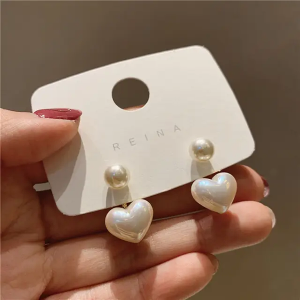 Korean Heart Pearl Drop Earrings - Image 3