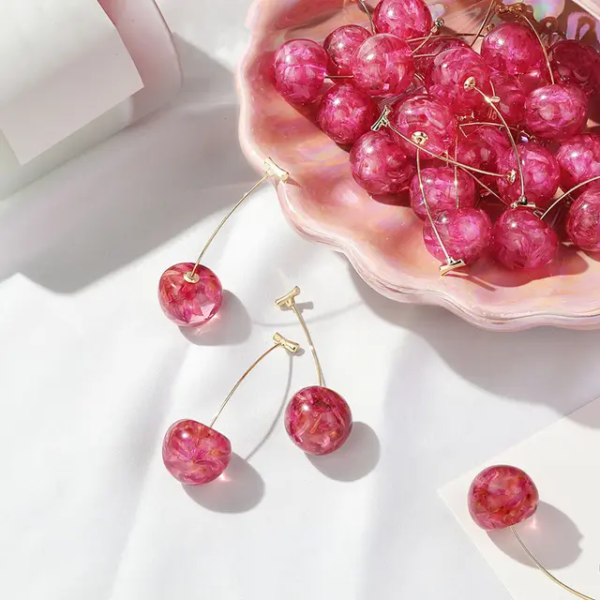 Korean Red Cherry Drop Earrings| Real Flower - Image 6