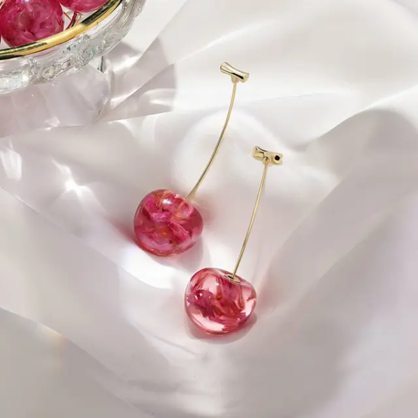 Korean Red Cherry Drop Earrings| Real Flower - Image 4