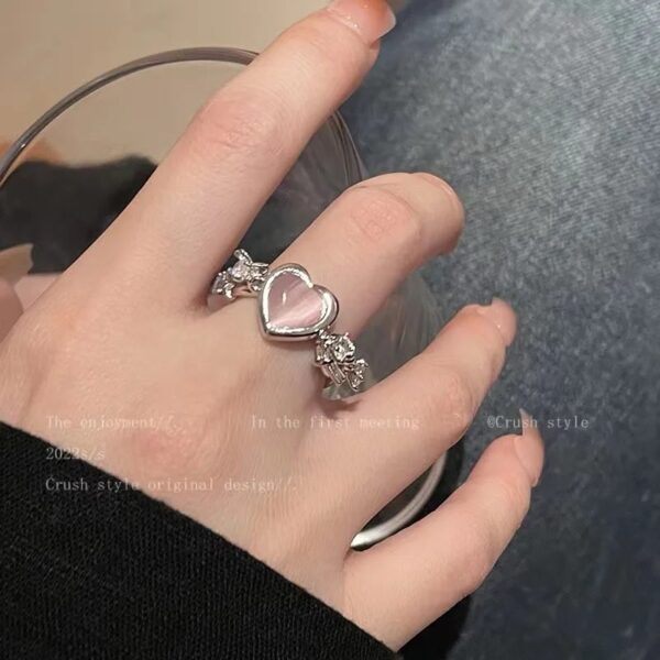 Pink Heart Rhinestone Silver Ring - Image 3