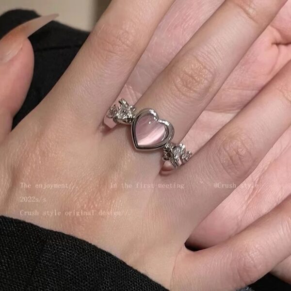 Pink Heart Rhinestone Silver Ring - Image 2