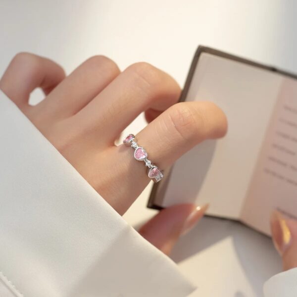 Silver Pink Heart Adjustable Ring - Image 2