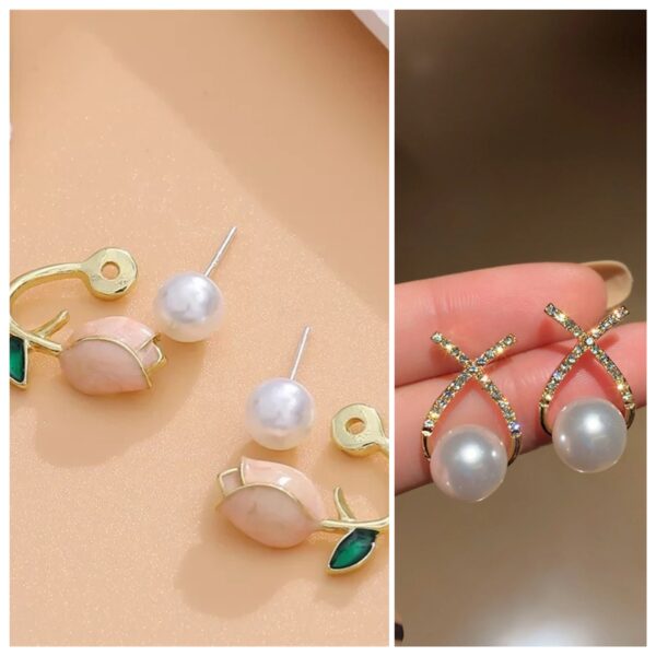 Korean Minimalist Pearl Rhinestone-studs set of 2 - Image 3