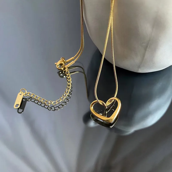 Anti-Tarnish Stainless Steel Hollow Heart Pendant with Round Snake Chain - Image 3