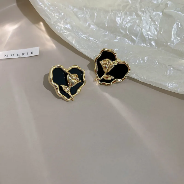 Anti-Tarnish Black & Gold Rose Studs - Image 2