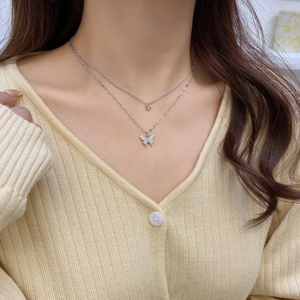 Silver Butterfly Two Layered Rhinestone Necklace