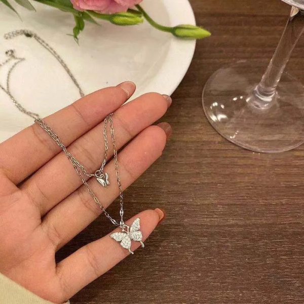 Silver Butterfly Two Layered Rhinestone Necklace - Image 3