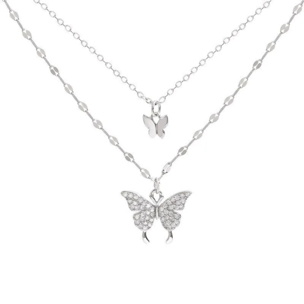 Silver Butterfly Two Layered Rhinestone Necklace - Image 2
