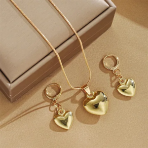 Korean Gold Heart Pendant With Snake Chain And Earrings Set