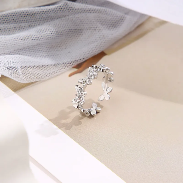 Korean Silver Butterfly Adjustable Rhinestone Ring - Image 4
