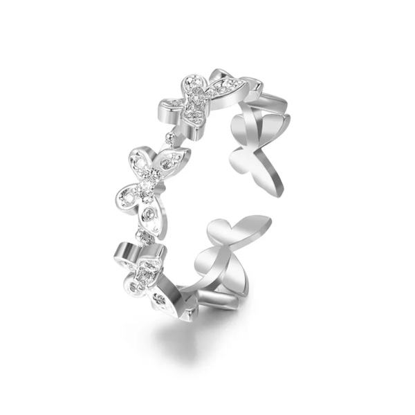 Korean Silver Butterfly Adjustable Rhinestone Ring - Image 2