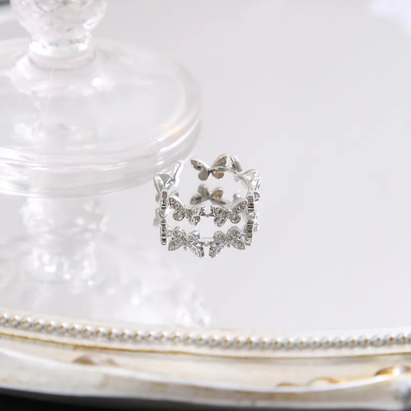 Korean Silver Butterfly Adjustable Rhinestone Ring