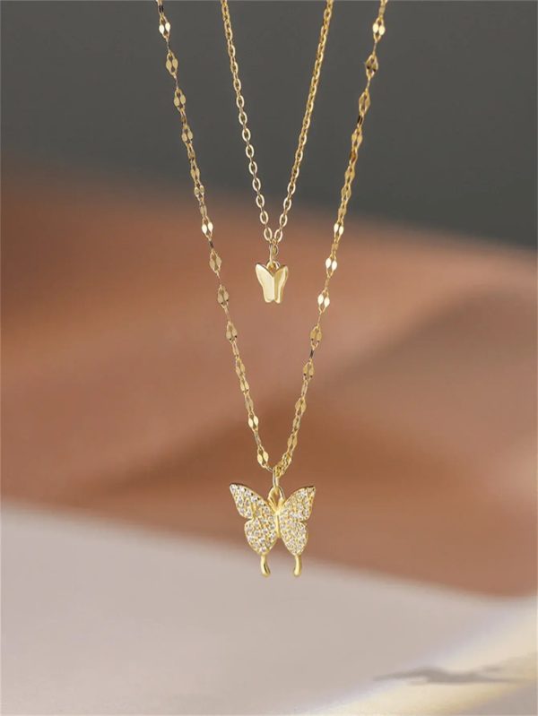 Korean Gold Double Layered Butterfly Necklace - Image 2