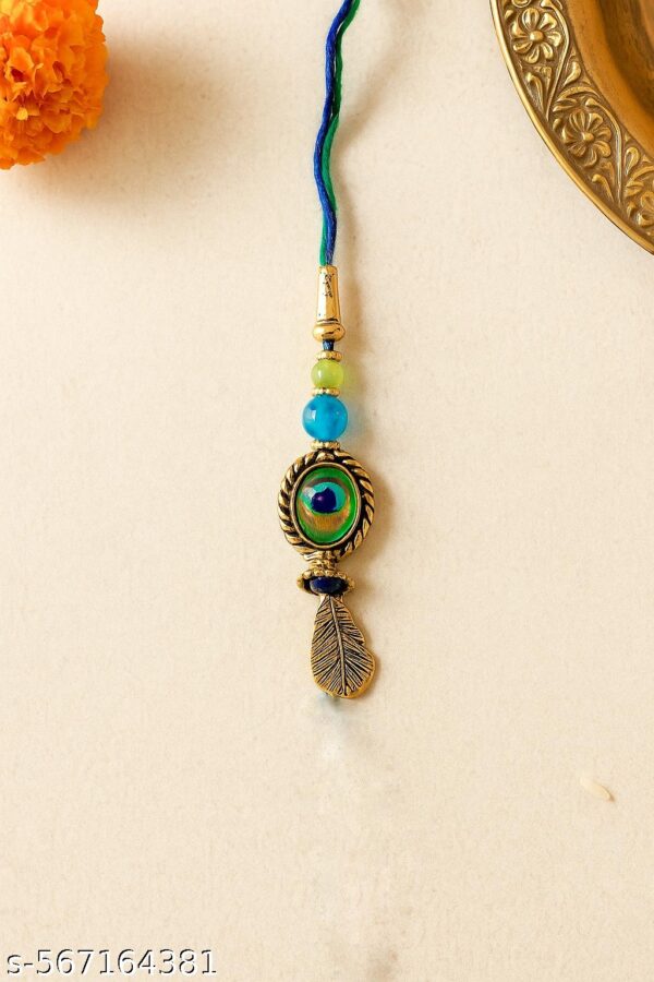 Peacock Lumba Rakhi Set Of 4 | Glass Bead Feather Viral Rakhi | Raksha Bandhan Special - Image 2