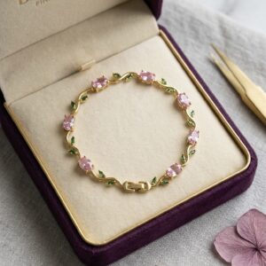 Pink Flower Green Leaves Tulip Bracelet