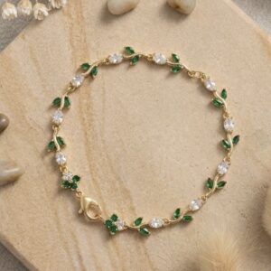 White Flower Green Leaves Tulip Bracelet