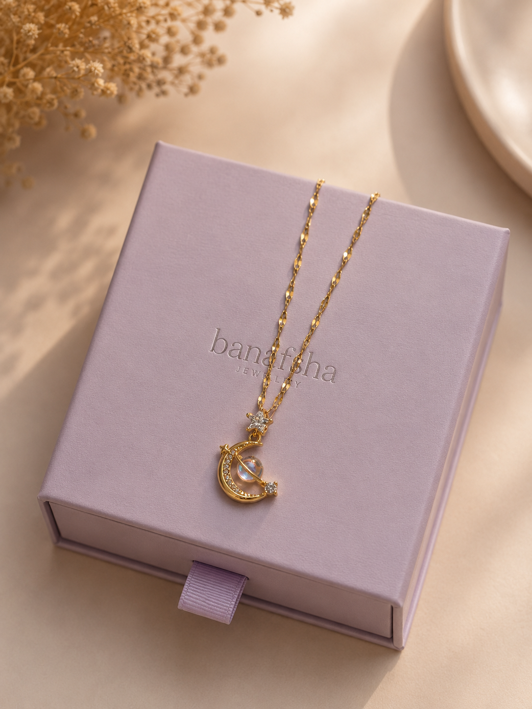 Golden Rhinestone Moon Star Charm Pendant with chain - Anti-Tarnish - Image 2
