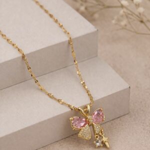 Pink Golden Charm Blingy Bow Pendant with chain - Anti-Tarnish