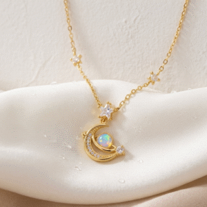 Golden Rhinestone Moon Star Charm Pendant with chain - Anti-Tarnish