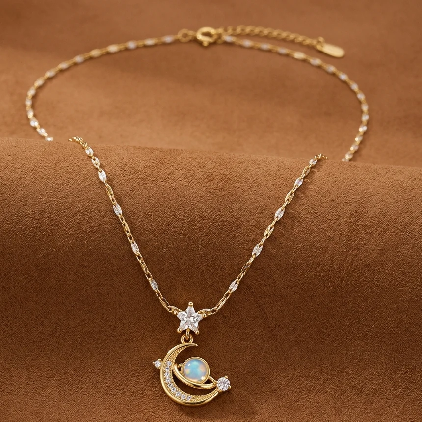 Golden Rhinestone Moon Star Charm Pendant with chain - Anti-Tarnish - Image 3